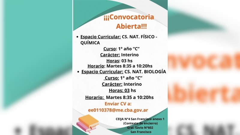 CEIJA N°4 abre convocatoria para cubrir espacios en Ciencias Naturales
