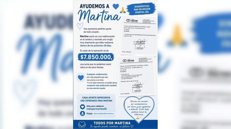 Solicitan colaboración para ayudar a Martina, una niña que necesita una cirugía urgente